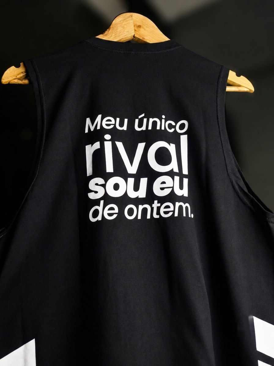 Regata preta do Corre de Cria — costas com a frase 'Meu único rival sou eu de ontem'