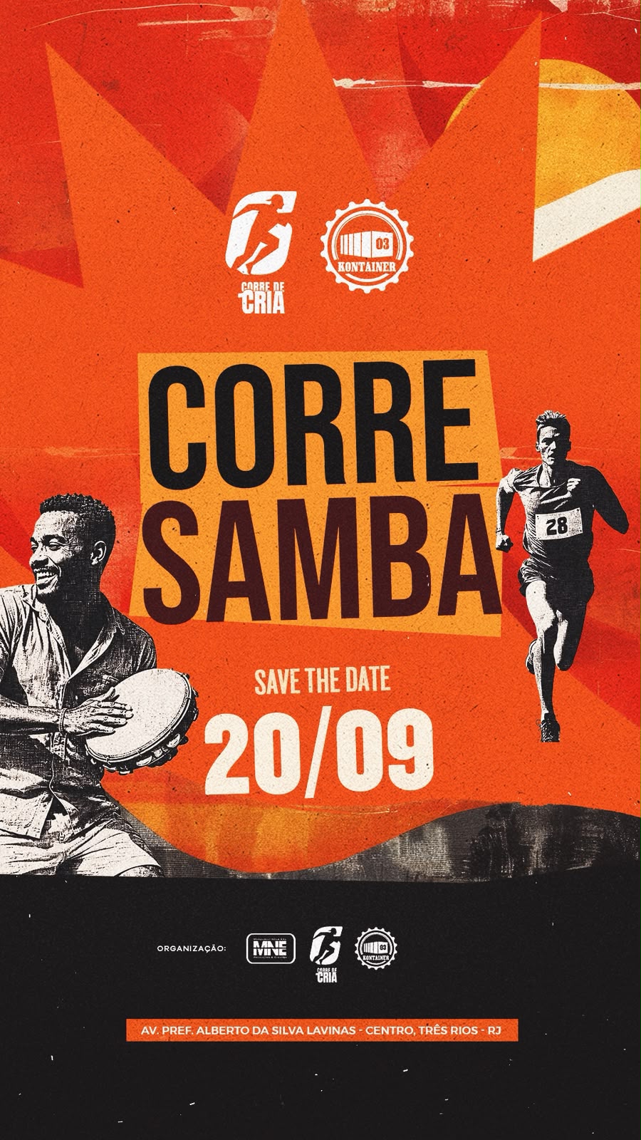 Flyer do evento Corre Samba — save the date 20/09, Av. Pref. Alberto da Silva Lavinas, Centro, Três Rios - RJ