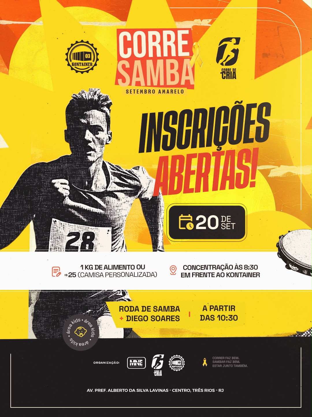 Flyer do Corre Samba — Setembro Amarelo: inscrições abertas, dia 20 de setembro, concentração 8h30 em frente ao Kontainer, 1 kg de alimento ou R$ 25 com camisa personalizada, roda de samba com Diego Soares a partir das 10h30, Av. Pref. Alberto da Silva Lavinas, Centro, Três Rios - RJ